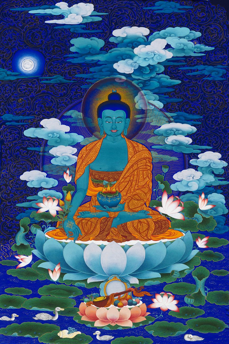Medicine Buddha, seated on a lotus in a field of blue